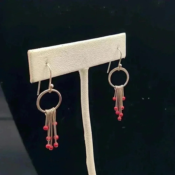 Sterling silver one and a half inch dangle chandelier earrings with red stones - Picture 2 of 3